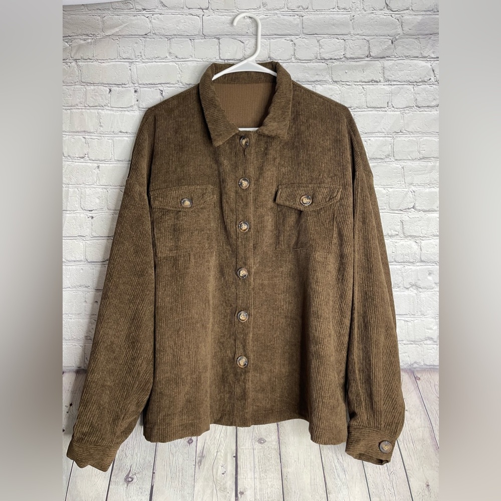 SHEIN Flap Pocket Drop Shoulder Shacket Coffee brown Corduroy Jacket XL
